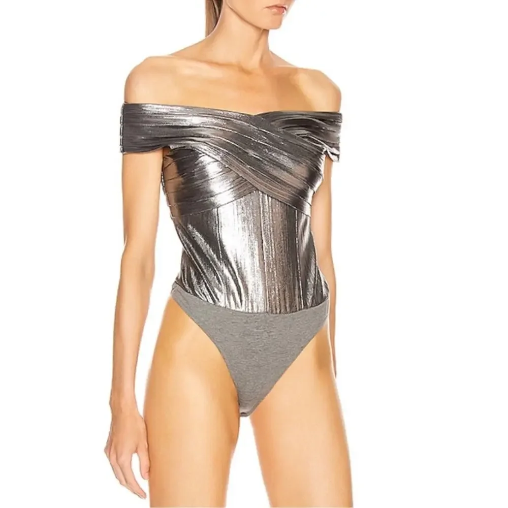 Retrofete Rowan Women’s Pleated Silver Chrome Off The Shoulder Bodysuit Size XS - Picture 10 of 14